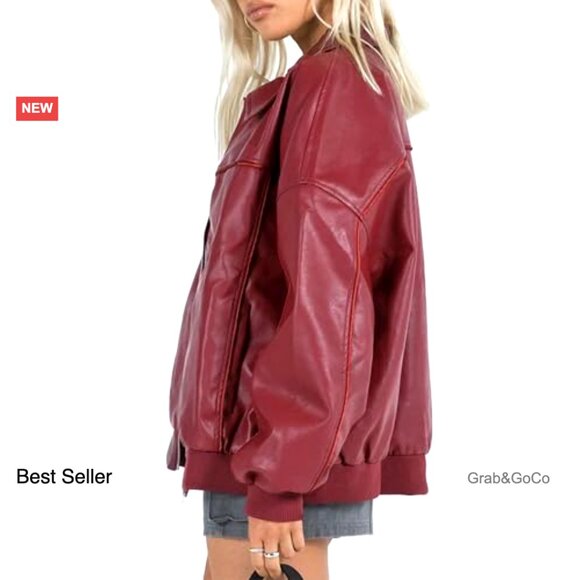 Oversized Faux Leather Bomber Jacket Vintage Motorcycle Chic Boyfriend Fit - Picture 3 of 7